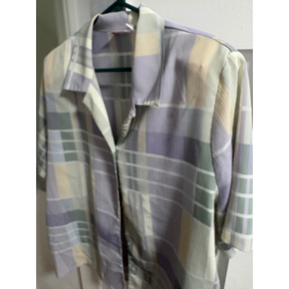 Alia Vintage Pastel Plaid‎ Crinkle Texture Short Sleeve Blouse Plus Size 18W